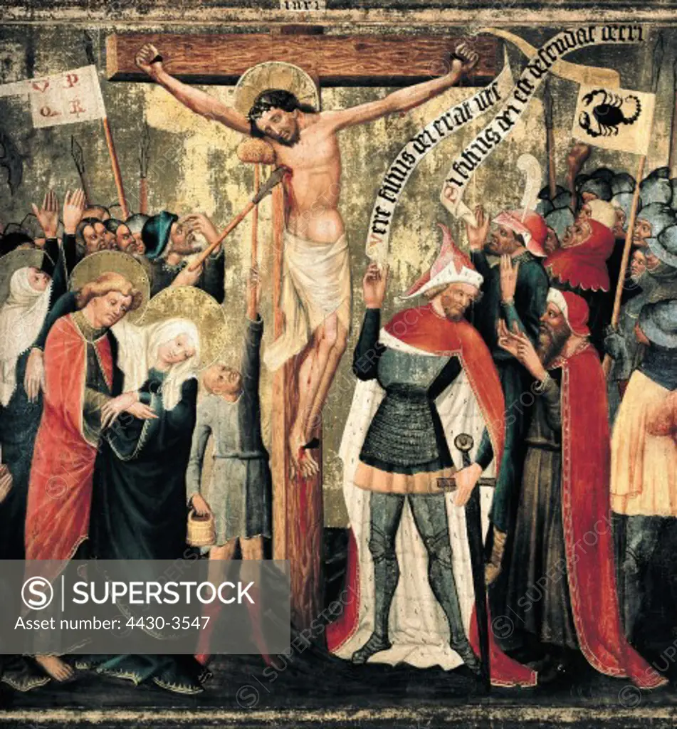 fine arts, Middle Ages, Germany, painting, ""The Crucifixion of Christ"", detail, unknown artist, ""Crucifixion Altar"" from Fuerstaett, Bavaria, circa 1410 / 1420, Bavarian National Museum, Munich,