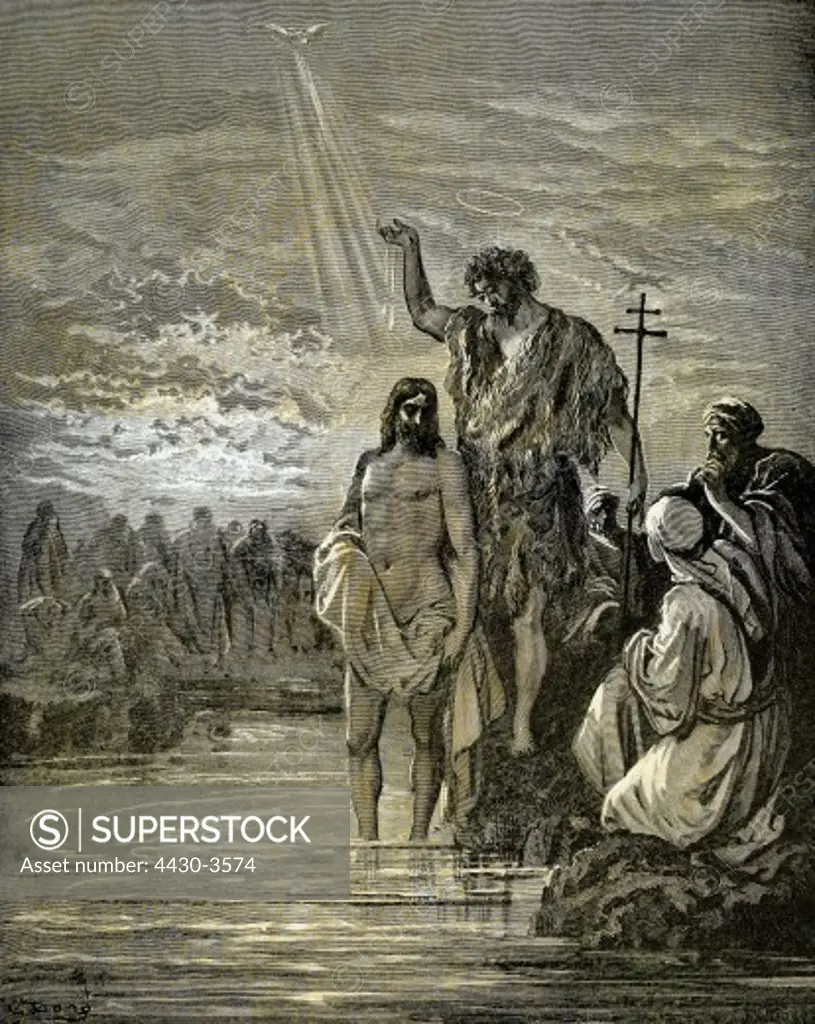 fine arts, Dore, Gustave (1832 - 1883), illustration, Saint John baptising Jesus in the Jordan River, wood engraving, Paris, France, 1865, private collection,