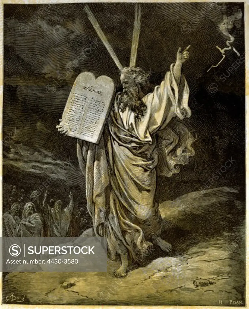 fine arts, Dore, Gustave (1832 - 1883), illustration, Moses bringing the Tablets of the Law from the Sinai Mountain, wood engraving, Paris, France, 1865, private collection,