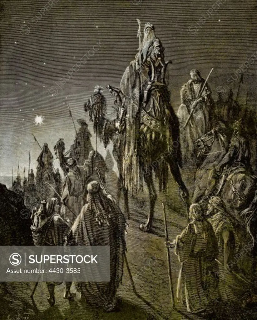 fine arts, Dore, Gustave (1832 - 1883), illustration, The Three Wise Men following the Star of Bethlehem, wood engraving, Paris, France, 1865, private collection,