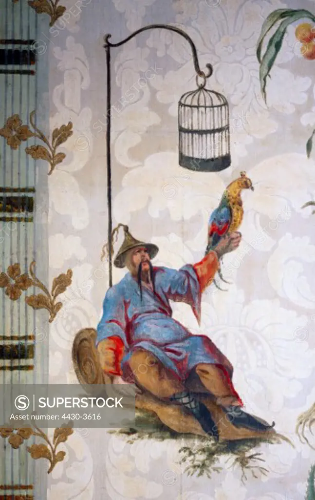 fine arts, wallpaper, chinoiserie, sitting Chinese with bird, painting in the style of Esias Nilson, print, Germany, late 18th century, City Museum Memmingen,