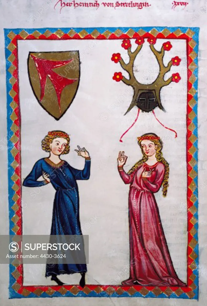 fine arts, middle ages, Gothic, illumination, Codex Manesse, Zurich, 1305 - 1340, Heinrich von Stretlingen, covering colour on vellum, University of Heidelberg Library,