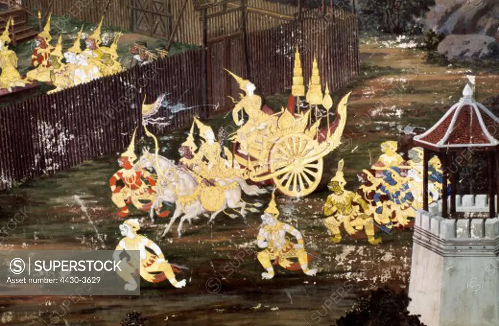 fine arts, Thailand, painting, chariot of Rawana, Wat Phra Kaew Temple, 19th century,