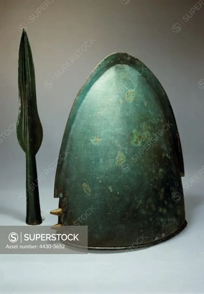 fine arts, ancient world, bronze age, sculpture, helm and spearhead, bronze, Krottental, Germany, urnfield culture, 1300 - 700 BC, Munich Prehistoric Collection,