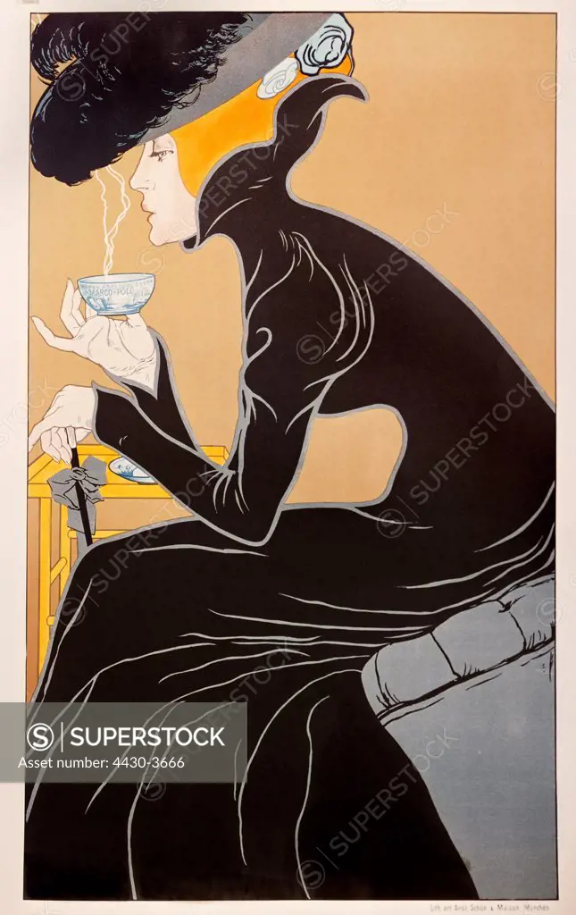 fine arts, Mucha, Alfons Maria, 24.7.1860 - 14.7.1939, graphic, ""Tee trinkende Dame"" (tea-drinking lady), advertisement for Marco Polo Tea, lithograph, Prague, circa 1910,