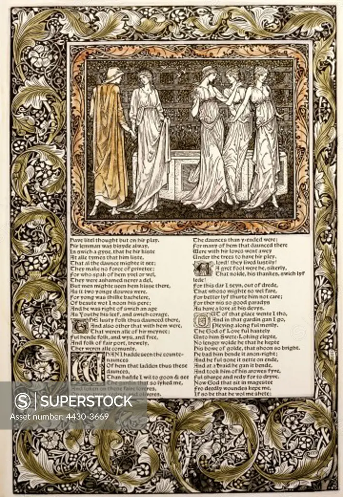 fine arts, Art Nouveau, graphic, illustration from ""The Kelmscott Chaucer"", woodcut, by W.H. Hooper, after illustration by Edward Burne-Jones (1833 - 1893), private collection, ARTIST'S COPYRIGHT MUST ALSO BE CLEARED,