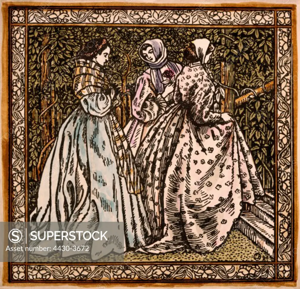 fine arts, Art Nouveau, graphic, three ladies, illustration for ""Roses d`Antan"", by Lucien Pissarro (1863 - 1944), from ""Revue l`Image"", woodcut, 1896, private collection, ARTIST'S COPYRIGHT MUST ALSO BE CLEARED,