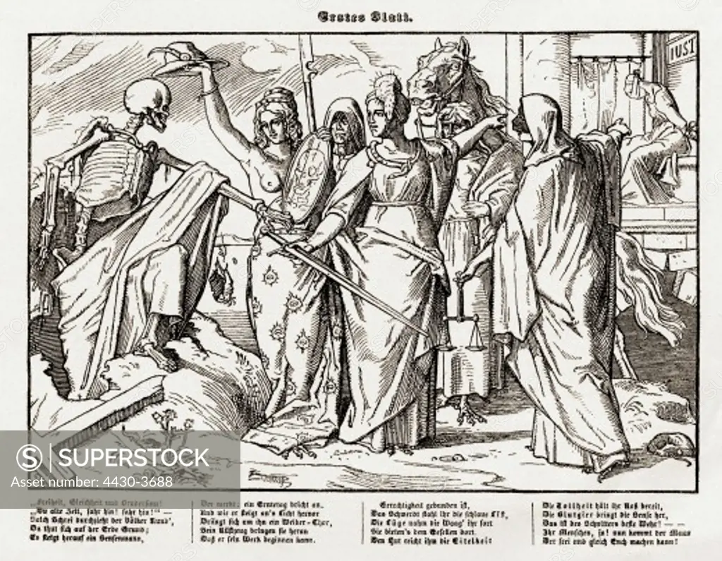fine arts, Rethel, Alfred (1816 - 1859), graphic, series ""Auch eine Todtentanz / aus dem Jahr 1848"", Georg Wigand publisher, Leipzig, 1848, first sheet, woodcut,
