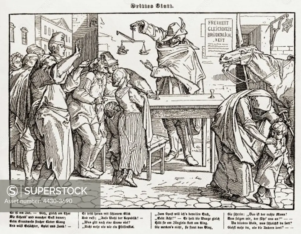 fine arts, Rethel, Alfred (1816 - 1859), graphic, series ""Auch eine Todtentanz / aus dem Jahr 1848"", Georg Wigand publisher, Leipzig, 1848, third sheet, woodcut,