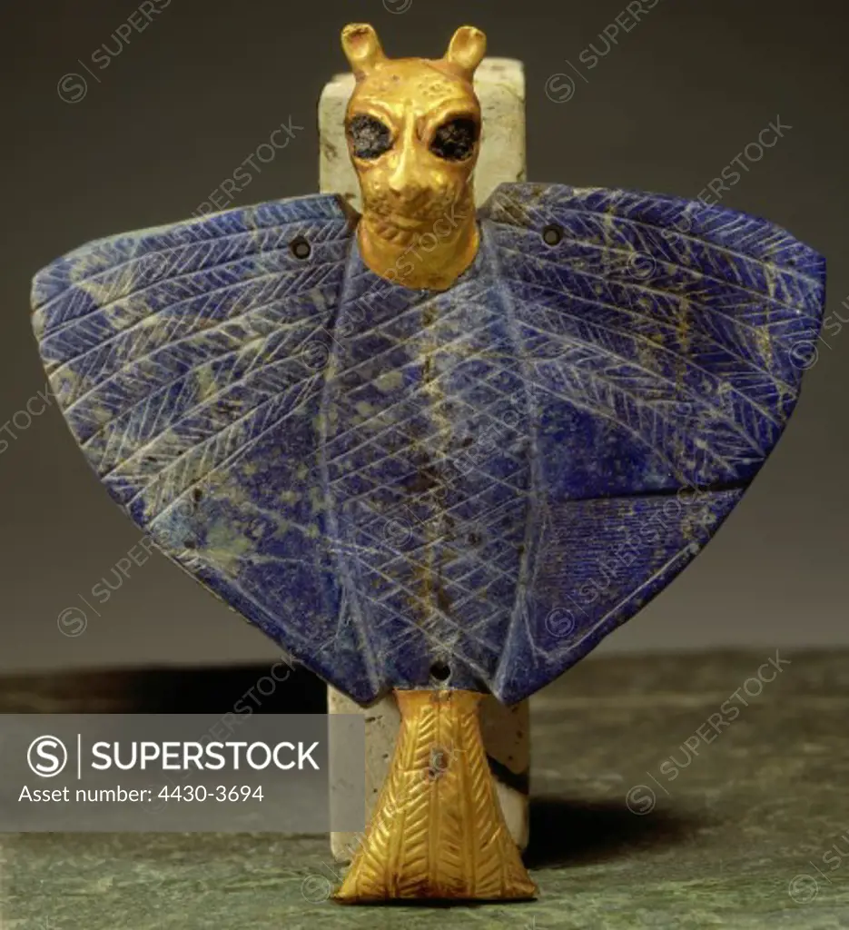 fine arts, ancient world, Sumerians, lion-headed eagle, lapis-lazuli, gold, bitumen and copper, Mari (Tel Hariri), circa 2650 BC, National Museum, Damascus,