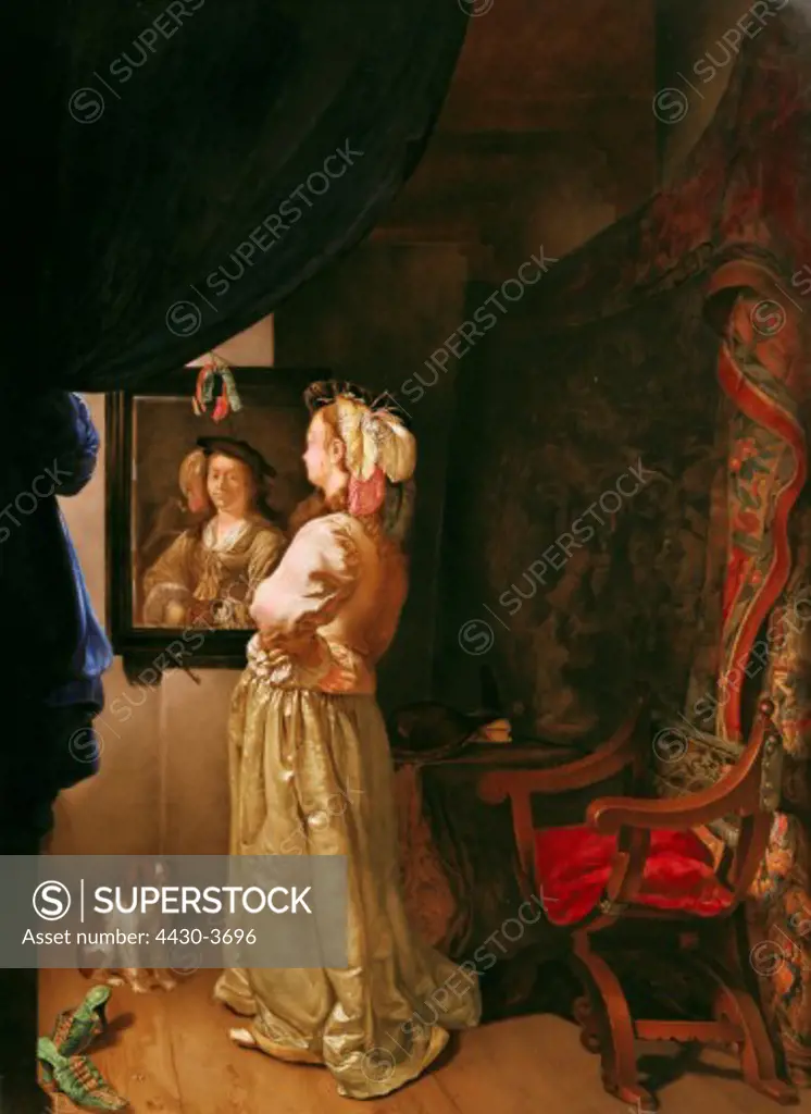 fine arts, paintings, Germany, lady looking into mirror, painting on porcellain, after Vermeer, fist half of 19th century, porcellain collection of the Munich Residence, people, historic, historical, dog,