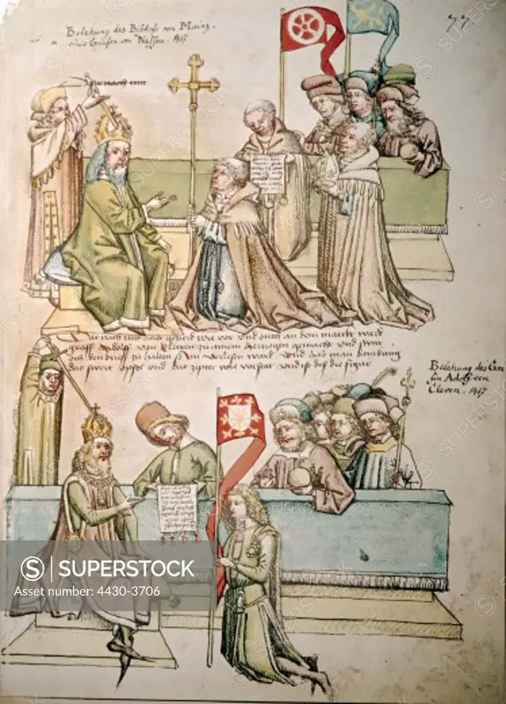 fine arts, middle ages, miniature, Council of Constance, 1414 - 1418, investiture of Johann of Nassau to Archbishop of Mainz and of count Adolf II to Duke of Cleves, 1417, Chronicle of Ulrich von Richenthal, 15th century, Rosgarten Museum, Konstanz,