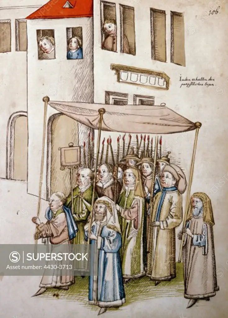 fine arts, middle ages, miniature, Council of Constance, 1414 - 1418, the Jews receiving the Papal blessing, Chronicle of Ulrich von Richenthal, 15th century, Rosgarten Museum, Konstanz,