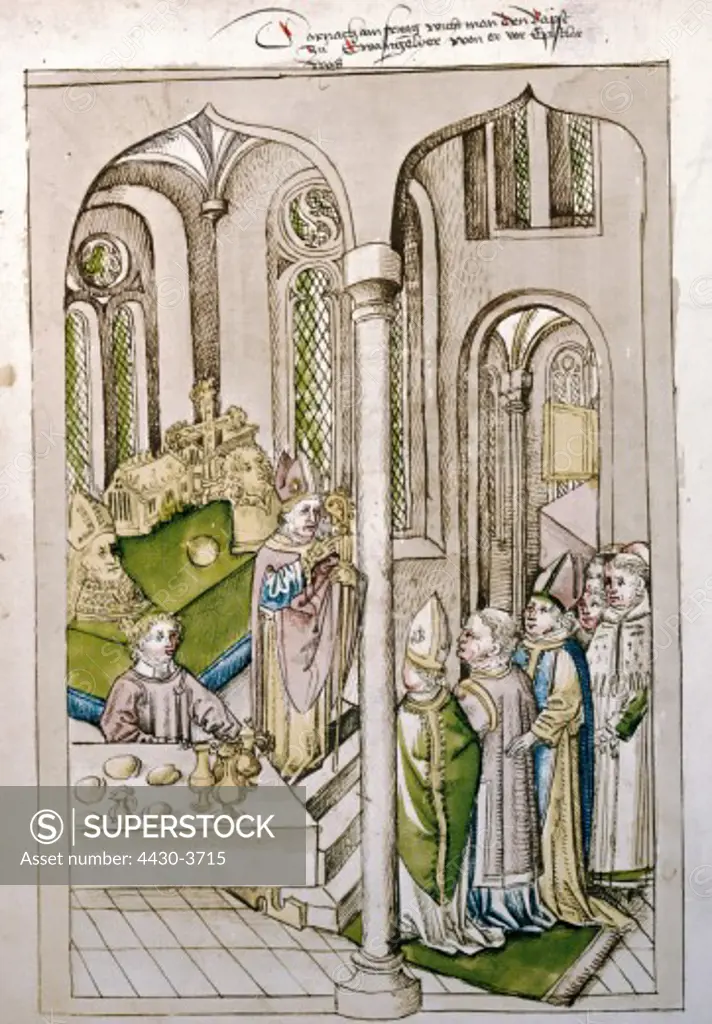 fine arts, middle ages, miniature, Council of Constance, 1414 - 1418, ordination of Oddo di Colonna, Chronicle of Ulrich von Richenthal, 15th century, Rosgarten Museum, Konstanz,