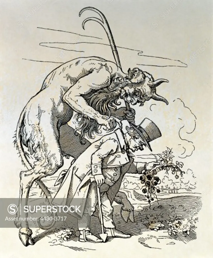fine arts, Schwind, Moritz von (1804 - 1871), caricature, ""The Devil and the Potatoe Usurers"", wood engraving, ""Fliegende Bl_tter"", 1847,