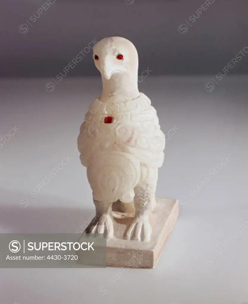 fine arts, ancient world, Parthia, statuette, eagle, alabaster, Hatra / Chadra, Temple VIII, 1st - 2nd century A.D., height: 10 cm, Iraqi National Museum Baghdad,