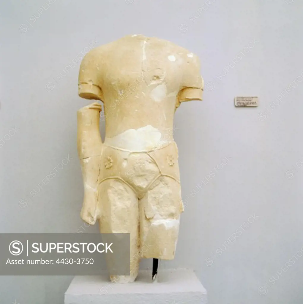 fine arts, ancient world, Greece, sculpture, torso of a priest-king, limestone, Paphos, circa 550 - 500 BC, Cyprus Museum, Nicosia,