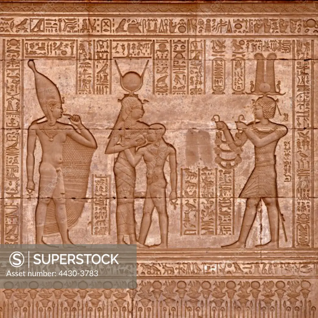 fine arts, ancient world, Egypt, relief at birth place, scene with Hathor, suckling his son Ihi, Dendera,