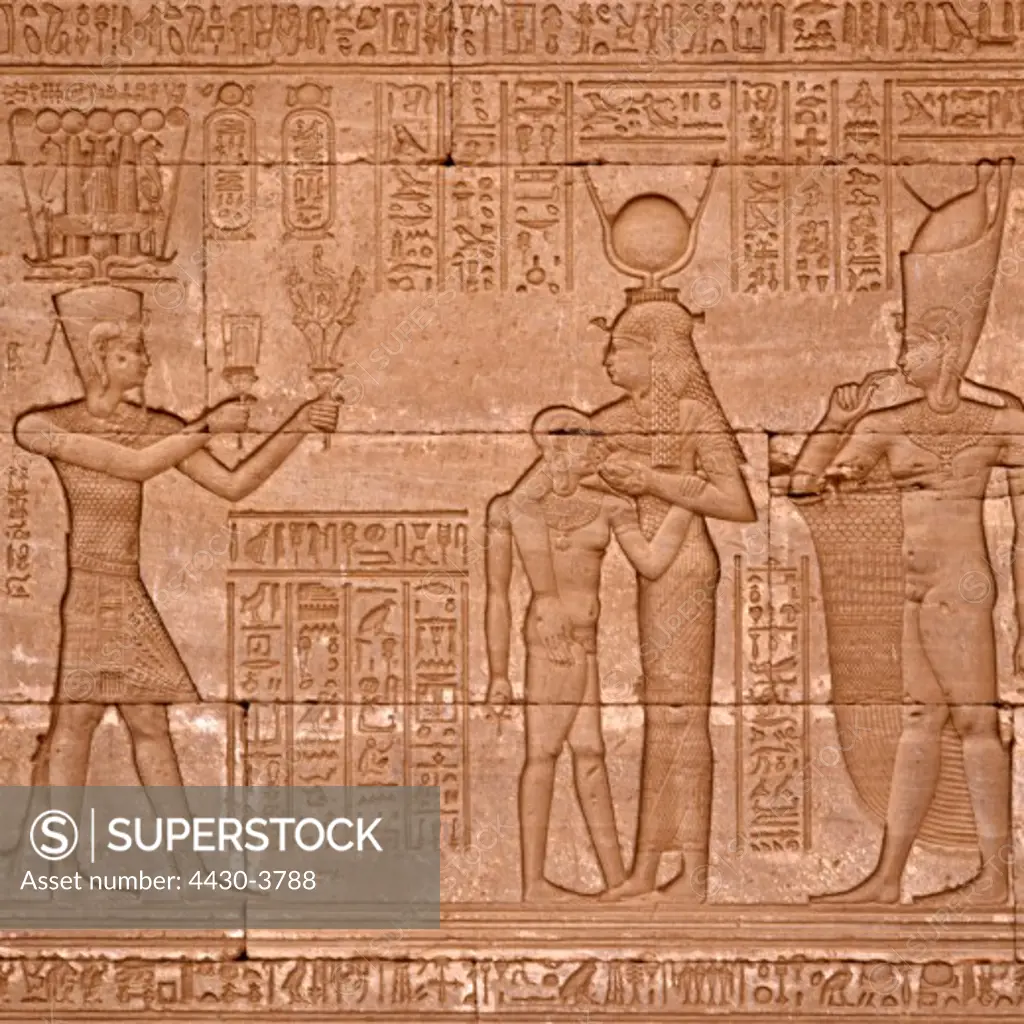 fine arts, ancient world, Egypt, relief No 4 at birthplace, scene with Hathor, suckling her sun Ihi, Dendera,
