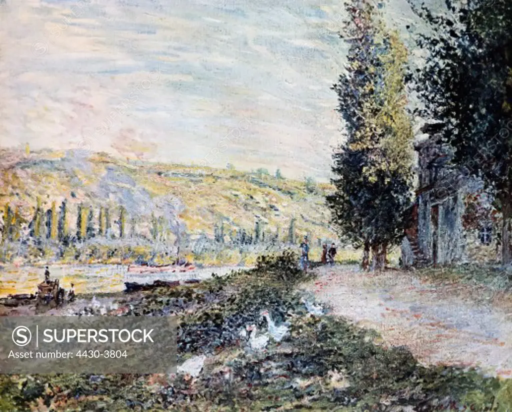 fine arts, Monet, Claude (1840 - 1926), painting, ""Riverbank at Lavacourt"", (Le Berge a Lavacourt), 1879, oil on canvas, Fred Jones Jr. Museum of Art, Norman, Oklahoma,