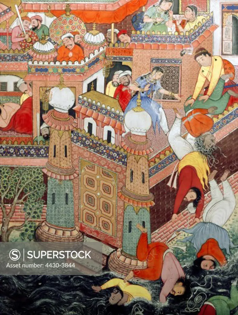 fine arts, India, miniature painting, ""Nightly attack on a castle"", illustration from the Hamza novel, Mughal Empire, circa 1570 / 1579, Austrian Museum of Applied Art, Vienna,