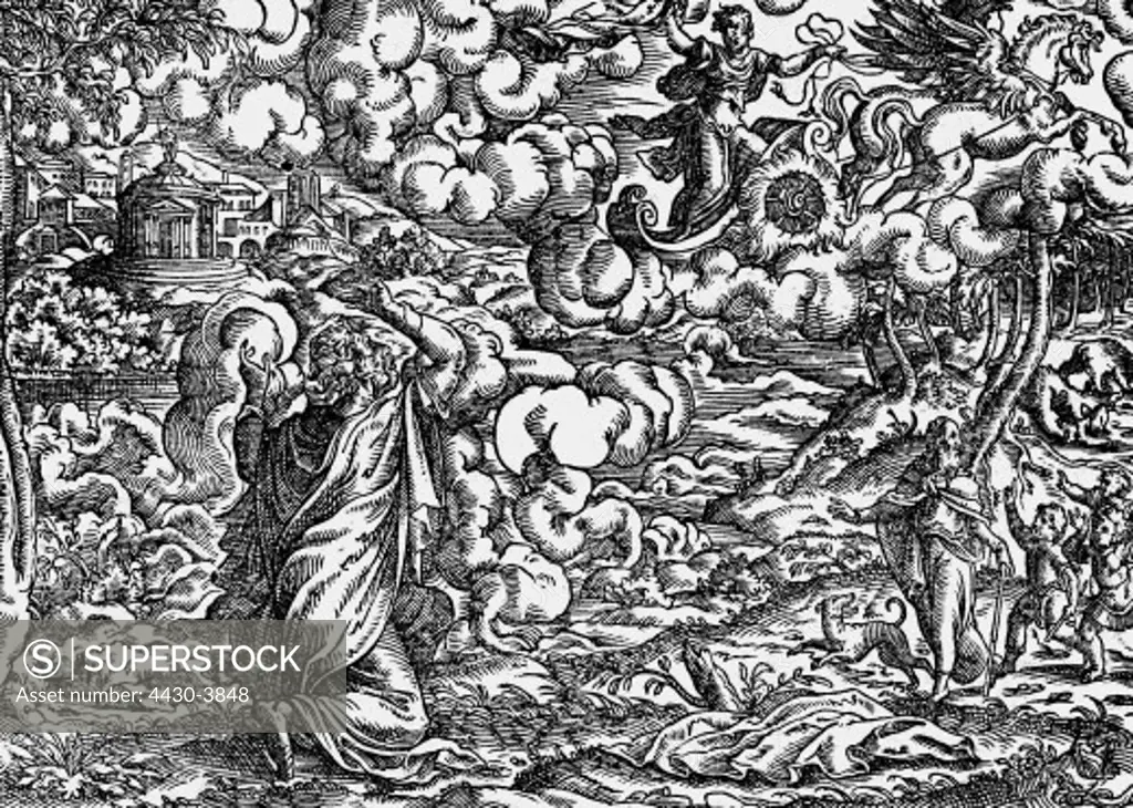 fine arts, Amman, Jost (1539-1591), woodcut, 15.5. cm x 11 cm, illustration from the bible, printed by Sigmund Feyerabend, Frankfurt on the Main, Germany, 1564, scene: the prophet Elijah is lifted up to heaven in a whirlwind on a chariot of fire,