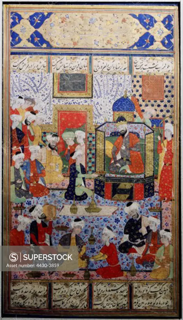 fine arts, islamic art, Persia, miniature, King Lohrasp on the throne surrounded by musicians and servants, ""Book of Kings"" (""Shahnameh"") of Ferdowsi (circa 1000), 1st half 16th century, Munich State Museum of Ethnology,