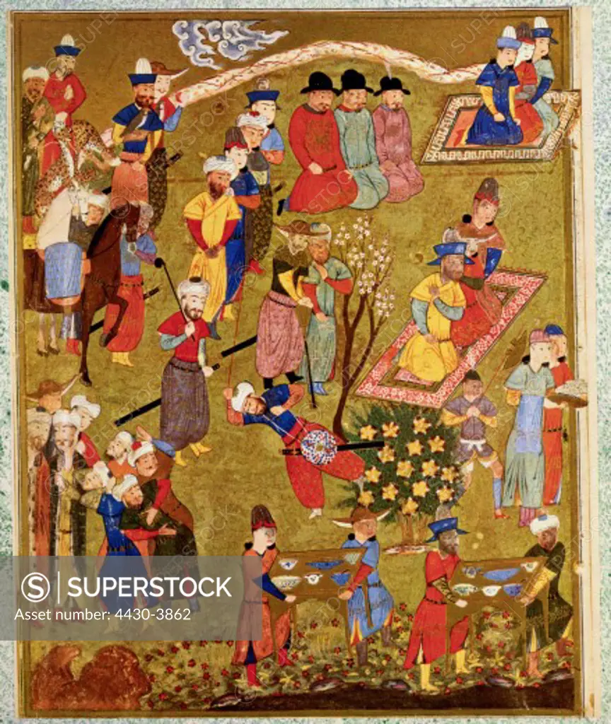 fine arts, islamic art, Persia, miniature, men at an open-air feat, Shiraz, circa 1440, Cleveland Museum of Art,