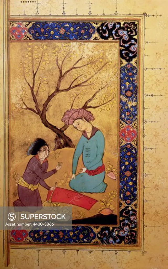 fine arts, islamic art, Persia, painting, physician offering an elixir to a prince, miniature from a medical script, circa 1480, Paris National Library,