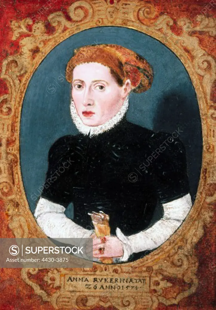 fine arts, painting, miniature, portrait of Anna Rucker, in golden scrollwork, South Germany, 1574, Bavarian National Museum, Munich,