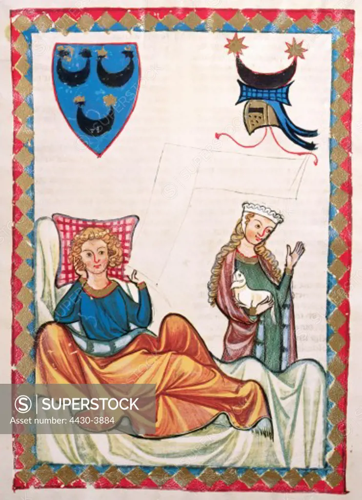 fine arts, middle ages, Gothic, illumination, Codex Manesse, Zurich, 1305 - 1340, Heinrich von Morungen (+ um 1220), covering colour on vellum, University of Heidelberg Library,