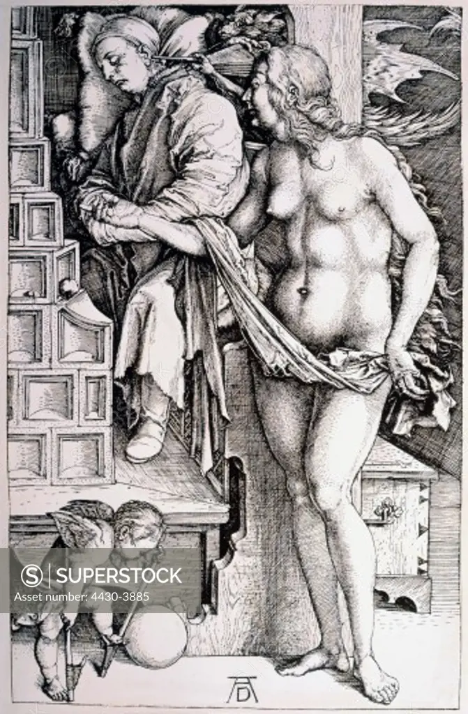 fine arts, Duerer, Albrecht (1471 - 1528), graphic, ""The Scholar's Dream"", copper engraving, 1498, private collection,