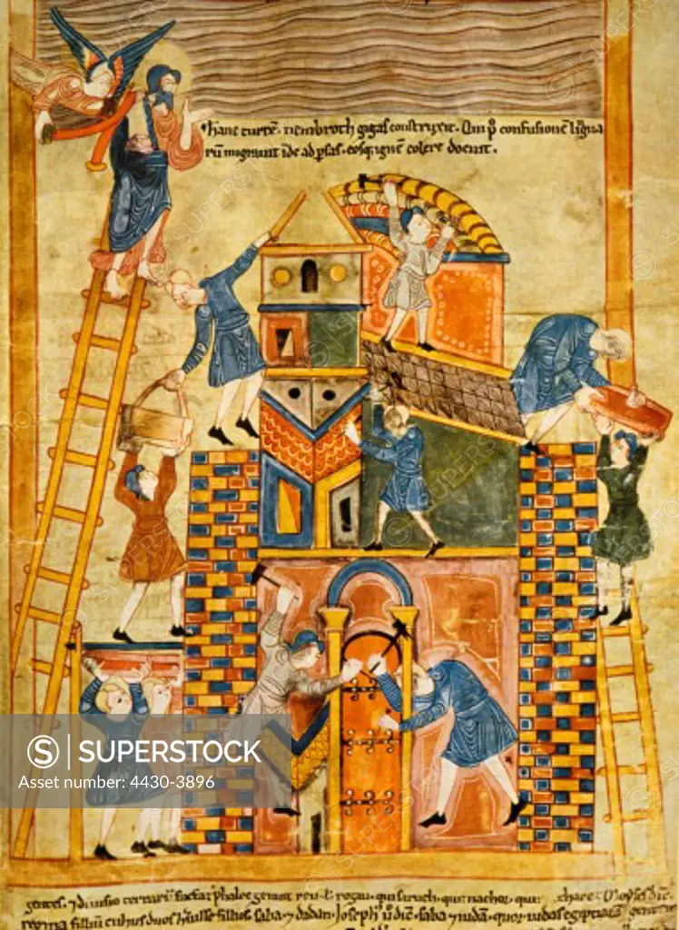 fine arts, religious art, illumination, ""Tower of Babel"", miniature, ""Old English Hexateuch"" of Aelfric of Eynsham, England, 11th century, British Library, London,