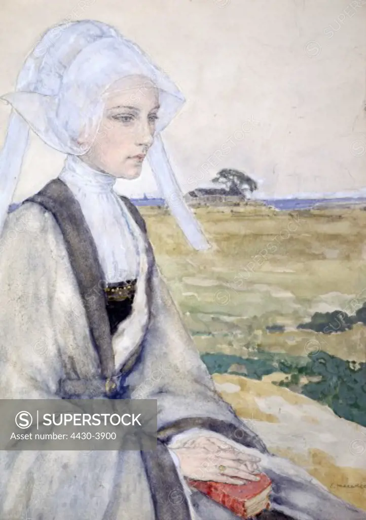 fine arts, Maxence, Edgar (1871 - 1954), painting, ""Young Breton Woman"" (""Jeunne fille Bretonne"", circa 1900, private collection, ARTIST'S COPYRIGHT MUST ALSO BE CLEARED,