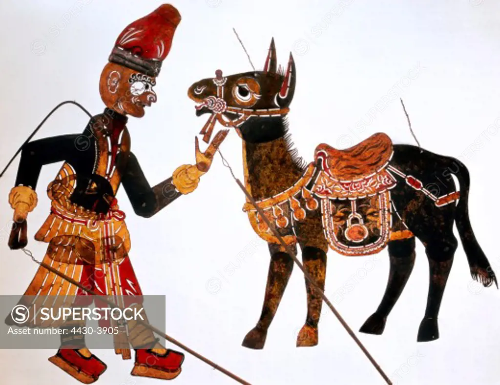fine arts, China, Chinese shadow puppetry, shadow puppet, Szechuan style, badman and saddled donkey, vellum, coloured, 19th century, municipal museum Munich,