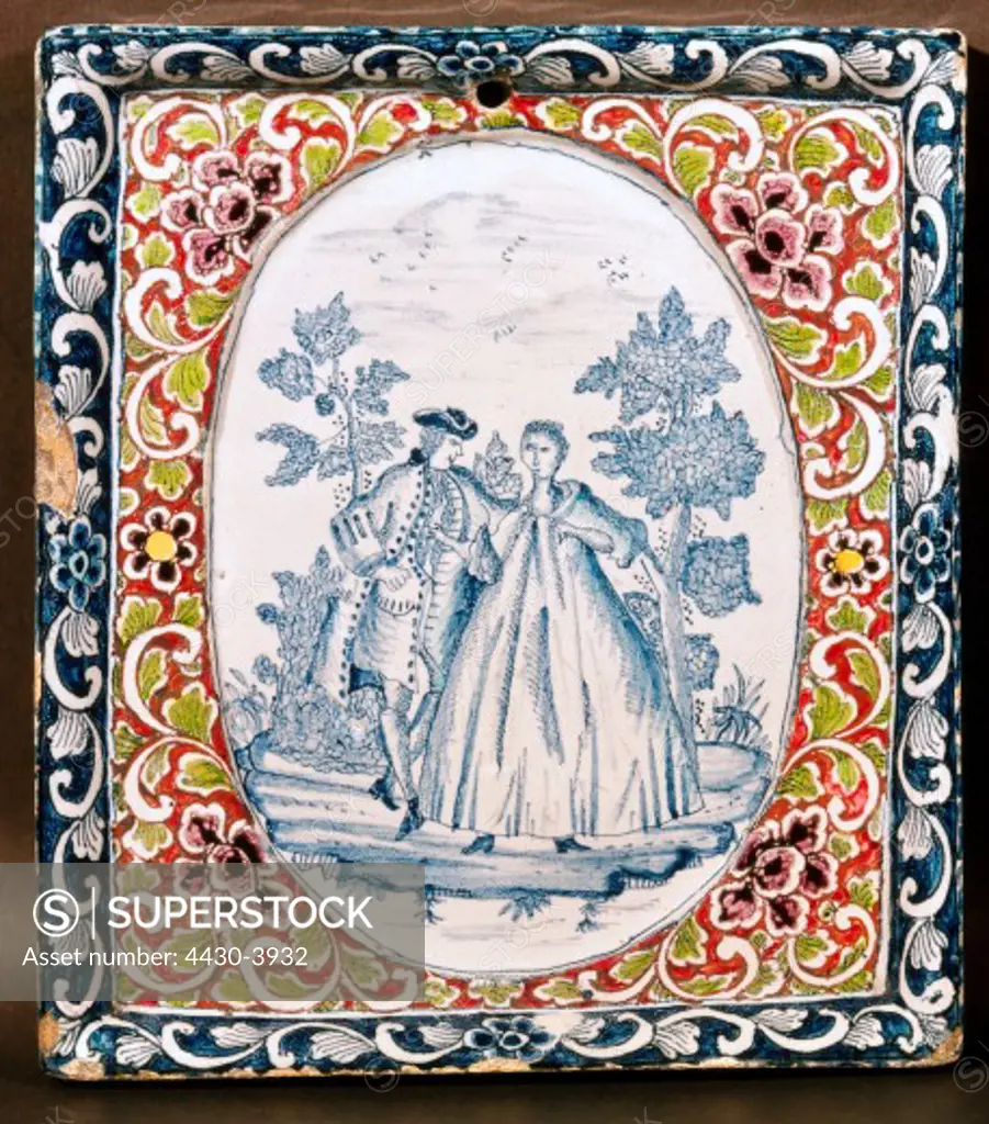 fine arts, decorative tiles, tile with illustration ""Gentleman with Lady"", 16.5 cm x 14.5 cm Delft, 18th century, De Porceleyne Fles, Delft,