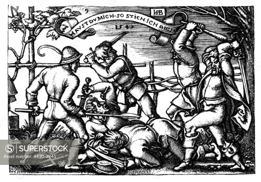 fine arts, Beham, Hans Sebald (1500 - 1550), graphics, ""Haust du mich, so stich ich dich!"" (If you beat me, then I stab you!), copper engraving, 1545,