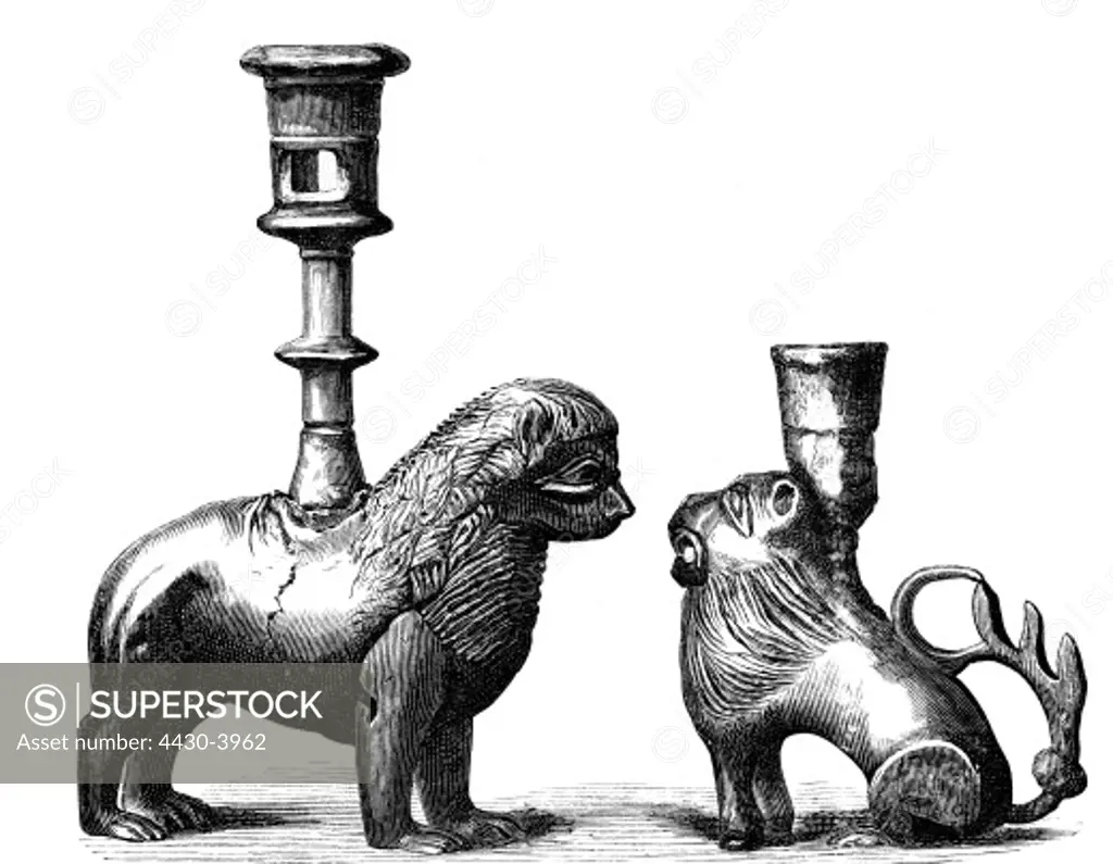 fine arts, handicrafts, candlesticks with animal bodies, 14th century, bronze, collection Achille Jubinal, engraving,