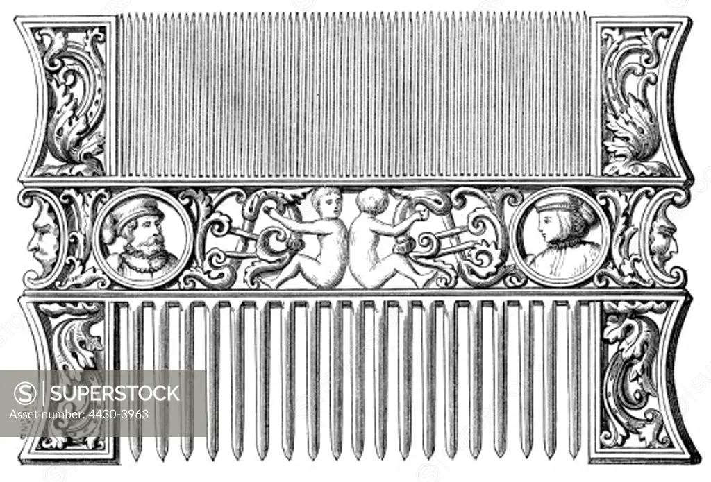 fine arts, handicrafts, comb, 16th century, ivory, Sauvageot Collection, engraving by Bertrand,