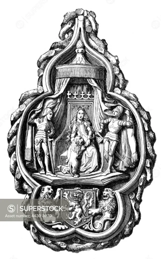 fine arts, handicrafts, escutcheon, by Corneille de Bonte, 15th century, silver, gilded, municipal museum, Ghent, wood engraving,