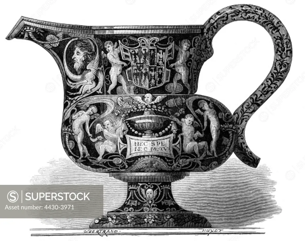 fine arts, handicrafts, vessel, tankard, faience, Italy, collection Alphonse de Rothschild, engraving, by Huyot, from: Carle Delange, C. Bornemann, ""collection of Italian faiences, of the 15th, 16th and 17th century, Paris, 1869,