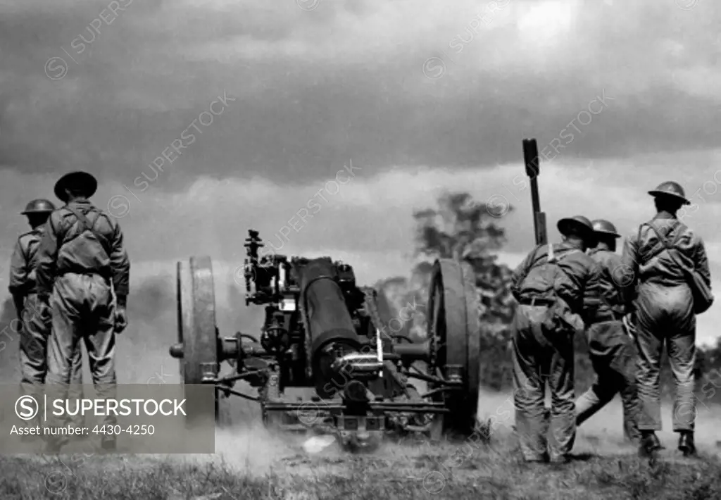 military Australia artillerymen during their training circa 1940 18 pounder field gun firing,