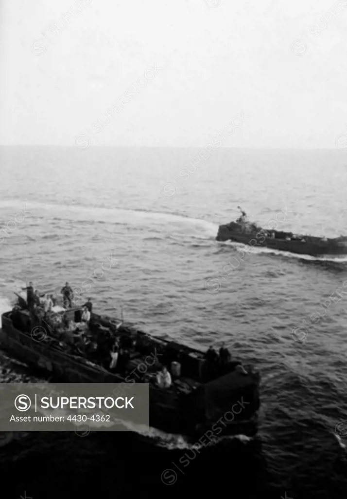 events Second World War WWII Russia 1944 1945 Crimea evacuation of Sevastopol German landing craft in the Black Sea aerial photo early May 1944,