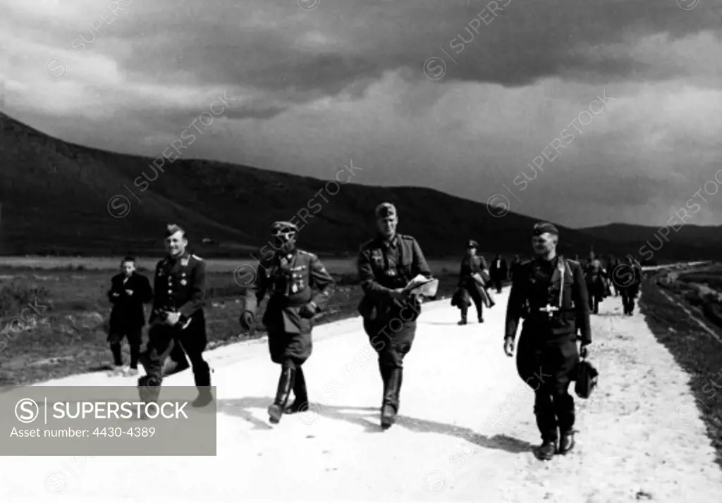 events Second World War WWII Greece Balkans Campaign 1941 SS-Obergruppenfuehrer Joseph ""Sepp"" Dietrich (second officer from left) the commander of the Leibstandate ""Adolf Hitler"" on the way to the surrender conference of the Greek Army of Epirus at Ioannina 20.4.1941,