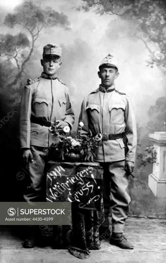 events First World War WWI military postcards postcard ""1914 - Weltkriegers Gruss"" (1914 - World War warrior`s greeting) Austria 1914,