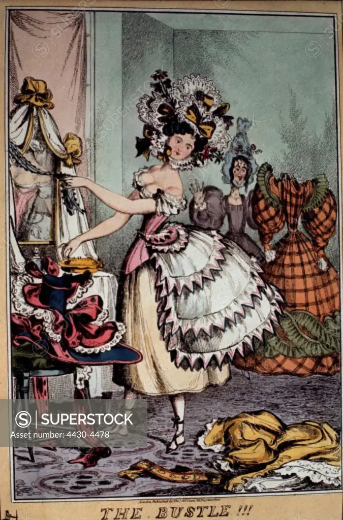 fashion underwear caricature ""The Bustle"" England circa 1800 cartoon women,