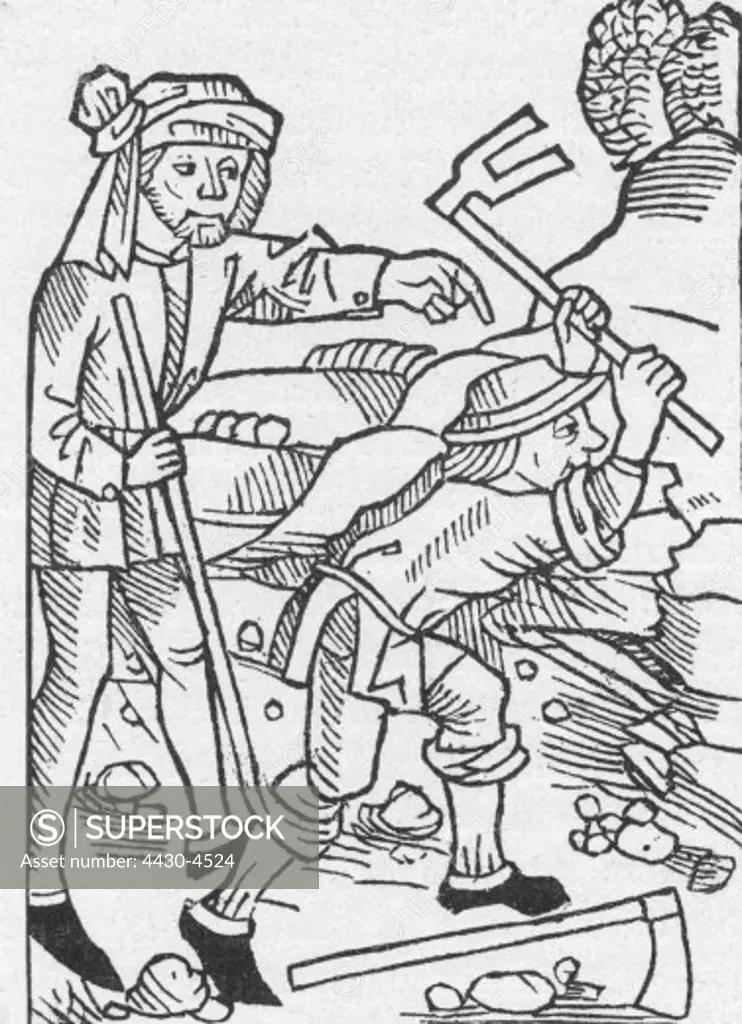 Middle Ages society feudalism compulsory labour worker and inspector on a soccage woodcut Speyer Germany 1493,