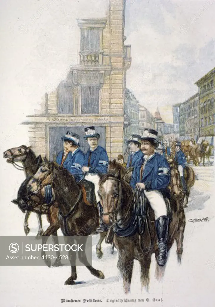 mail/post postmen Munich coachmen coloured wood engraving after drawing by Georg Graf circa 1897,