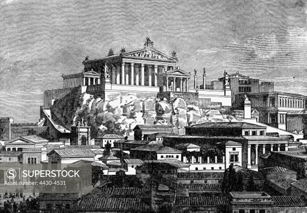 Italy Rome Capitoline Hill Temple of Jupiter Capitolinus view 1st century AD reconstruction wood engraving 19th century mons capitolinus religion ancient world antiquity architecture Roman Empire historic historical,