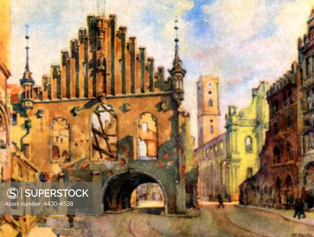 Germany Munich postwar period square squares Marienplatz (Mary-s Square) view at Old Town Hall and Holy Ghost Church exterior view destroyed: 1944 print after watercolour by Gebhard Reitz 1946 ARTIST'S COPYRIGHT MUST ALSO BE CLEARED,